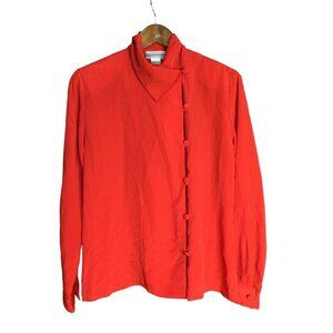 Vintage Evan-Picone Women Blouse Top Shoulder Pads Button Front High Neck Red Si